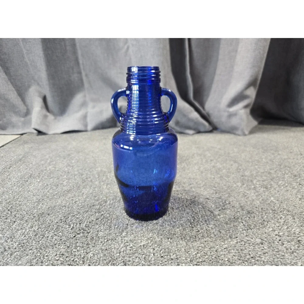 Vintage Cobalt Blue Glass Double Handle Vase Bottle Ribbed Small 7